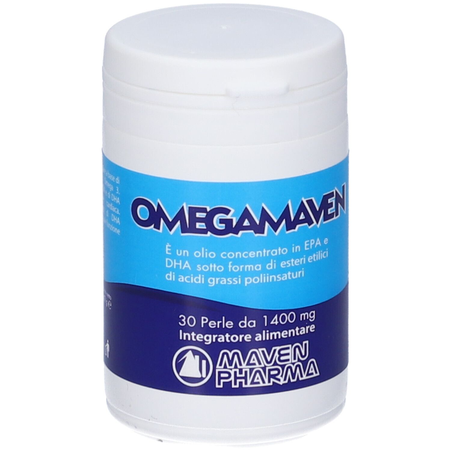 Barattolo bianco con etichetta blu. Testo: Omegamaven, 30 perle, Maven Pharma. Contiene EPA e DHA.