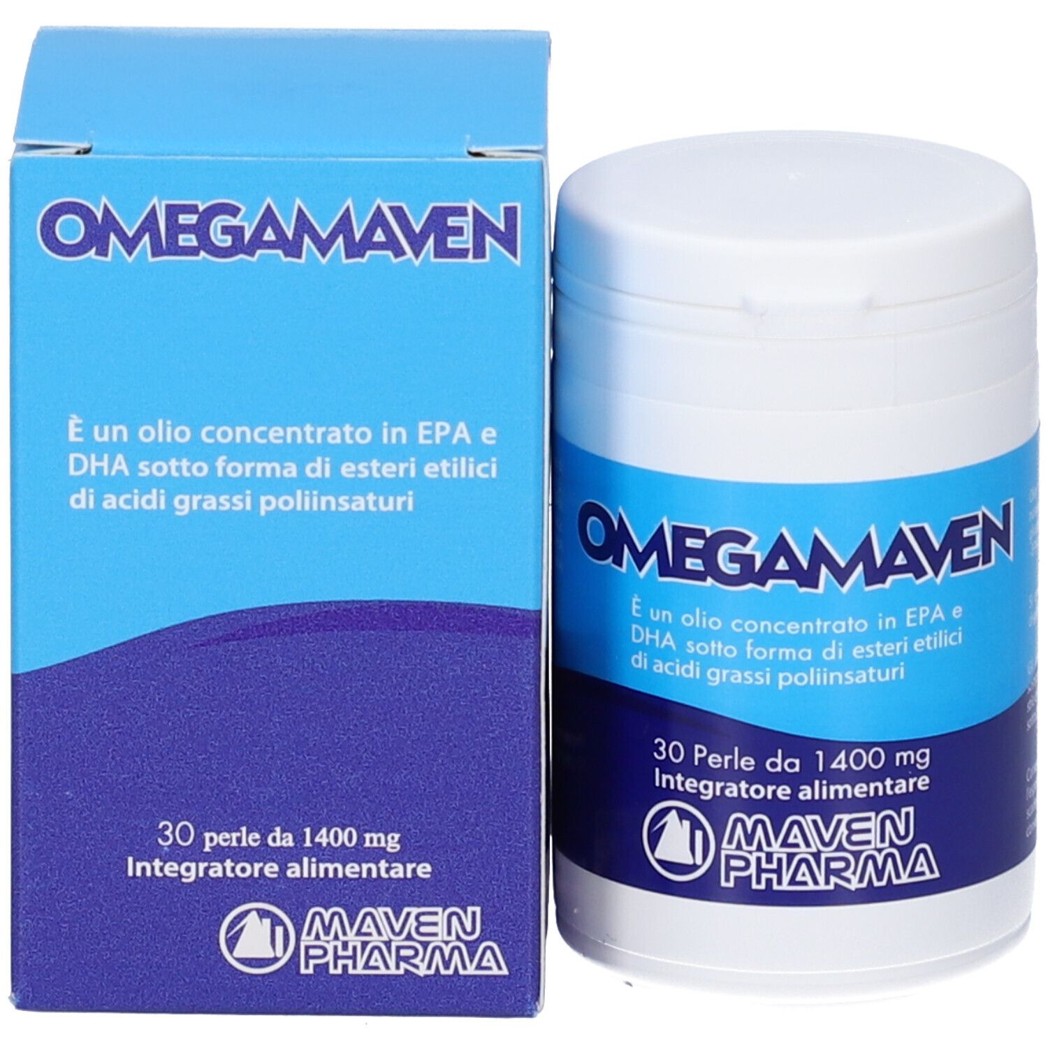 Confezione e barattolo. Scatola blu e barattolo bianco. Testo: Omegamaven, 30 perle, Maven Pharma. Contiene EPA e DHA.
