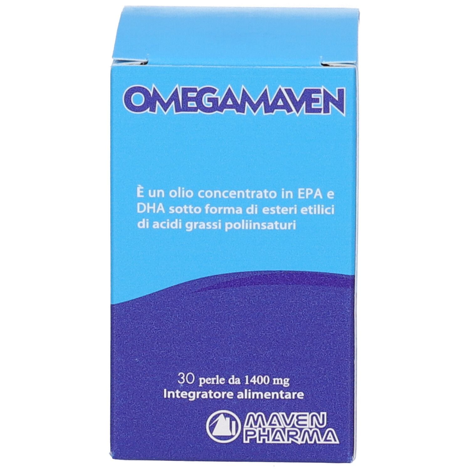 Confezione blu. Testo: Omegamaven, 30 perle, Maven Pharma. Contiene EPA e DHA.