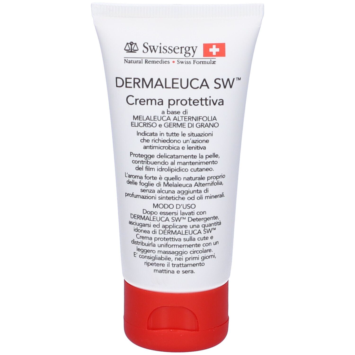 Tubo bianco con tappo rosso. Scritta: Dermaleuca SW Crema protettiva. Logo Swisssergy. Testo in italiano.