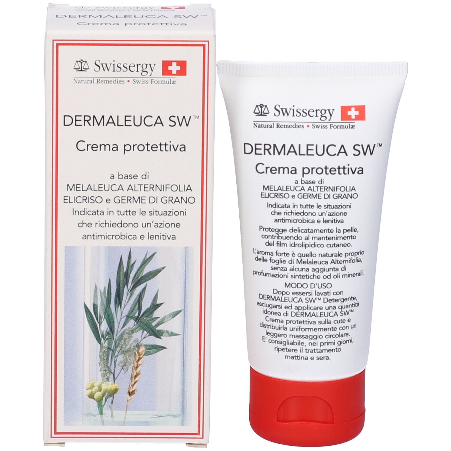 Scatola e tubo. Scritta: Dermaleuca SW Crema protettiva. Logo Swisssergy. Immagine del prodotto e testo in italiano.