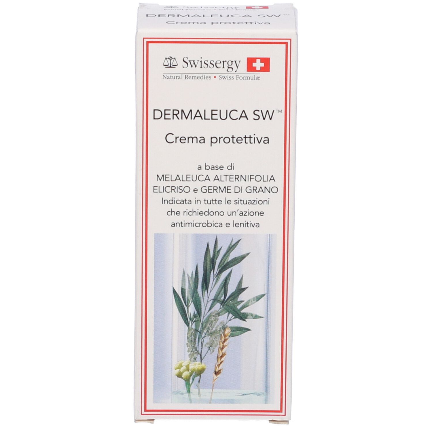 Scatola. Scritta: Dermaleuca SW Crema protettiva. Logo Swisssergy. Immagine del prodotto e testo in italiano.