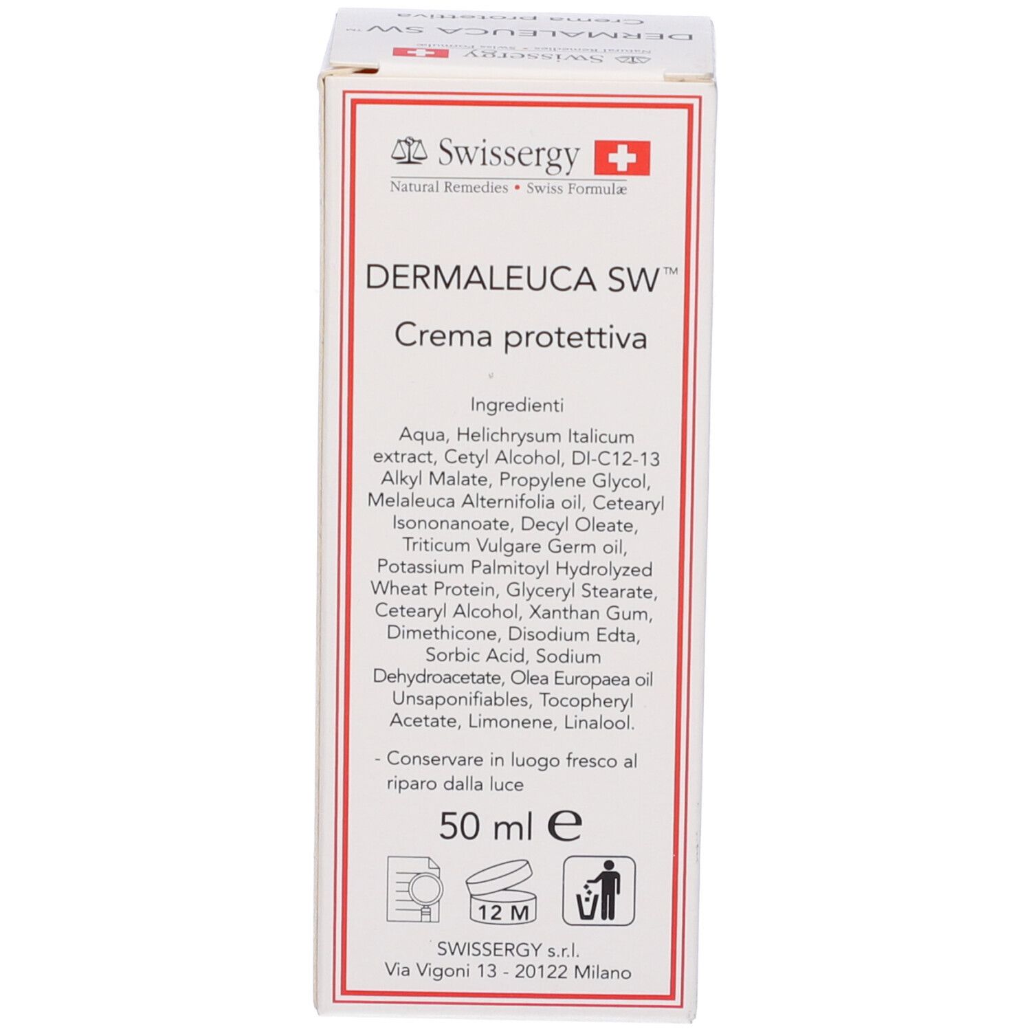 Scatola. Scritta: Dermaleuca SW Crema protettiva. Ingredienti e 50 ml. Logo Swisssergy. Testo in italiano.