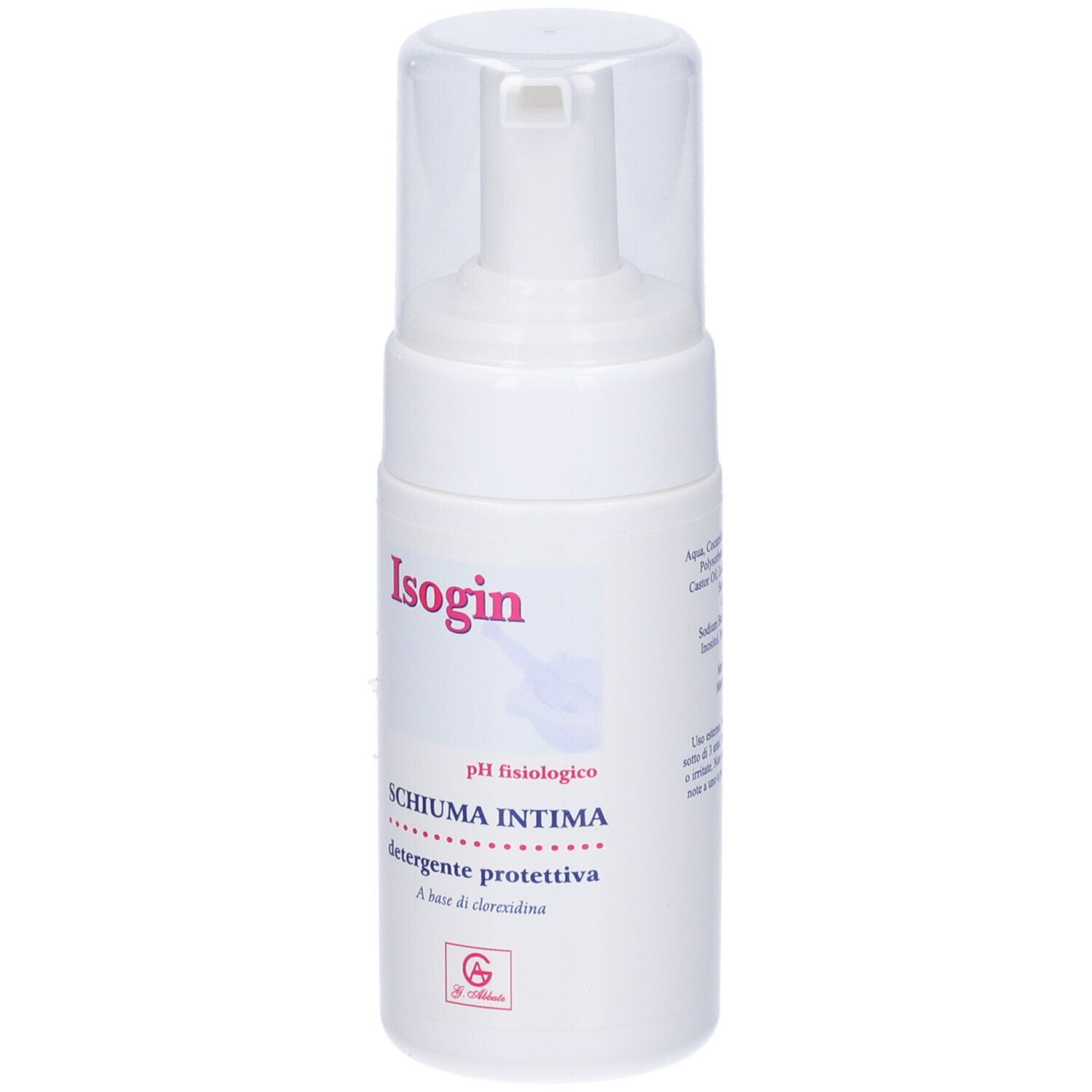 Flacone bianco con erogatore a spruzzo. Scritta Isogin, Schiuma Intima, pH fisiologico. Tappo trasparente.