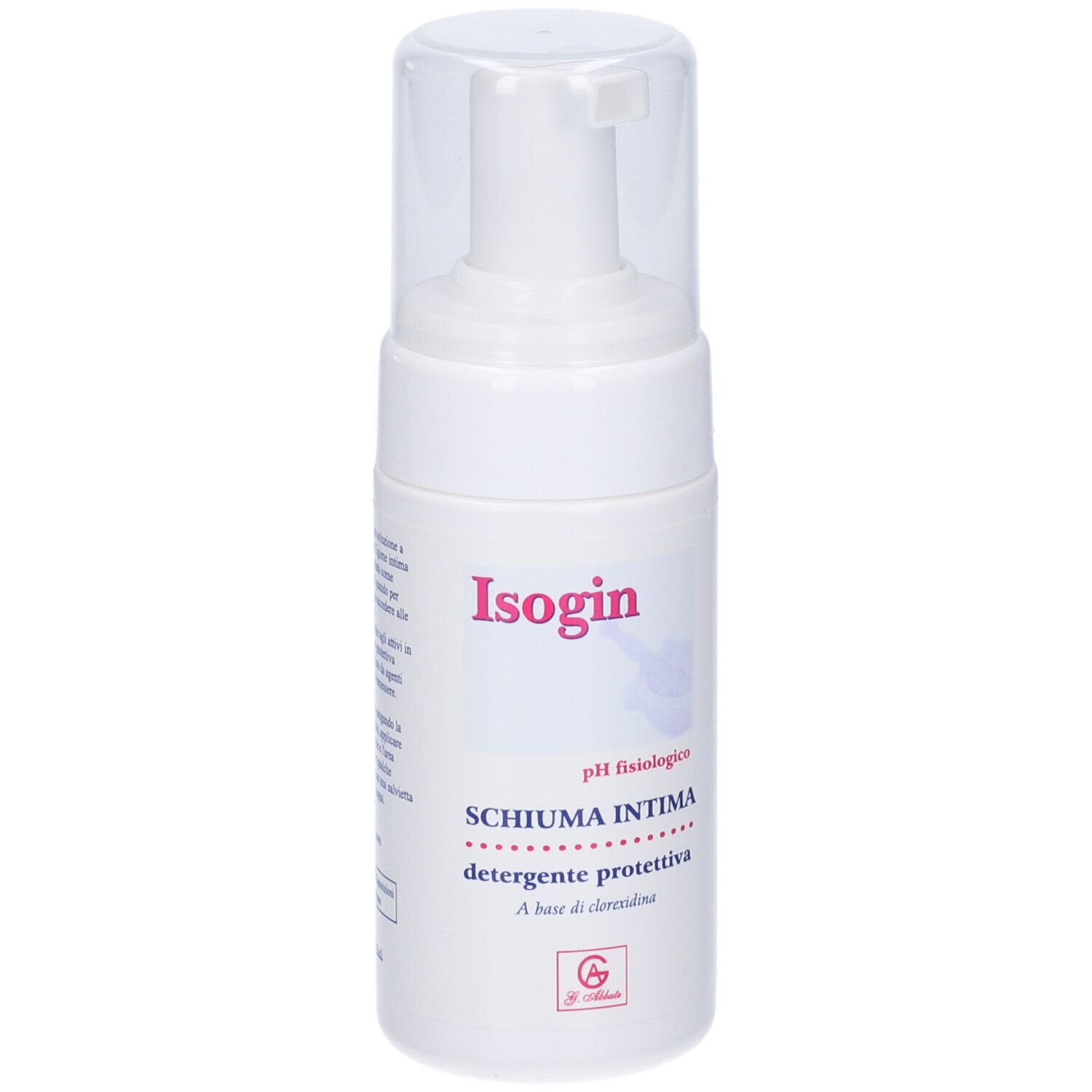 Flacone bianco con erogatore a spruzzo. Scritta Isogin, Schiuma Intima, pH fisiologico. Tappo trasparente.