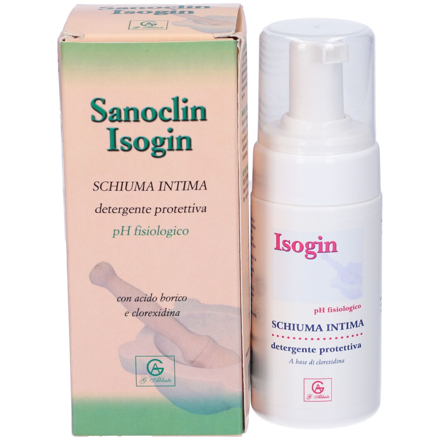 Confezione e flacone. Scatola con scritta Sanoclin Isogin, Schiuma Intima, pH fisiologico. Flacone bianco.