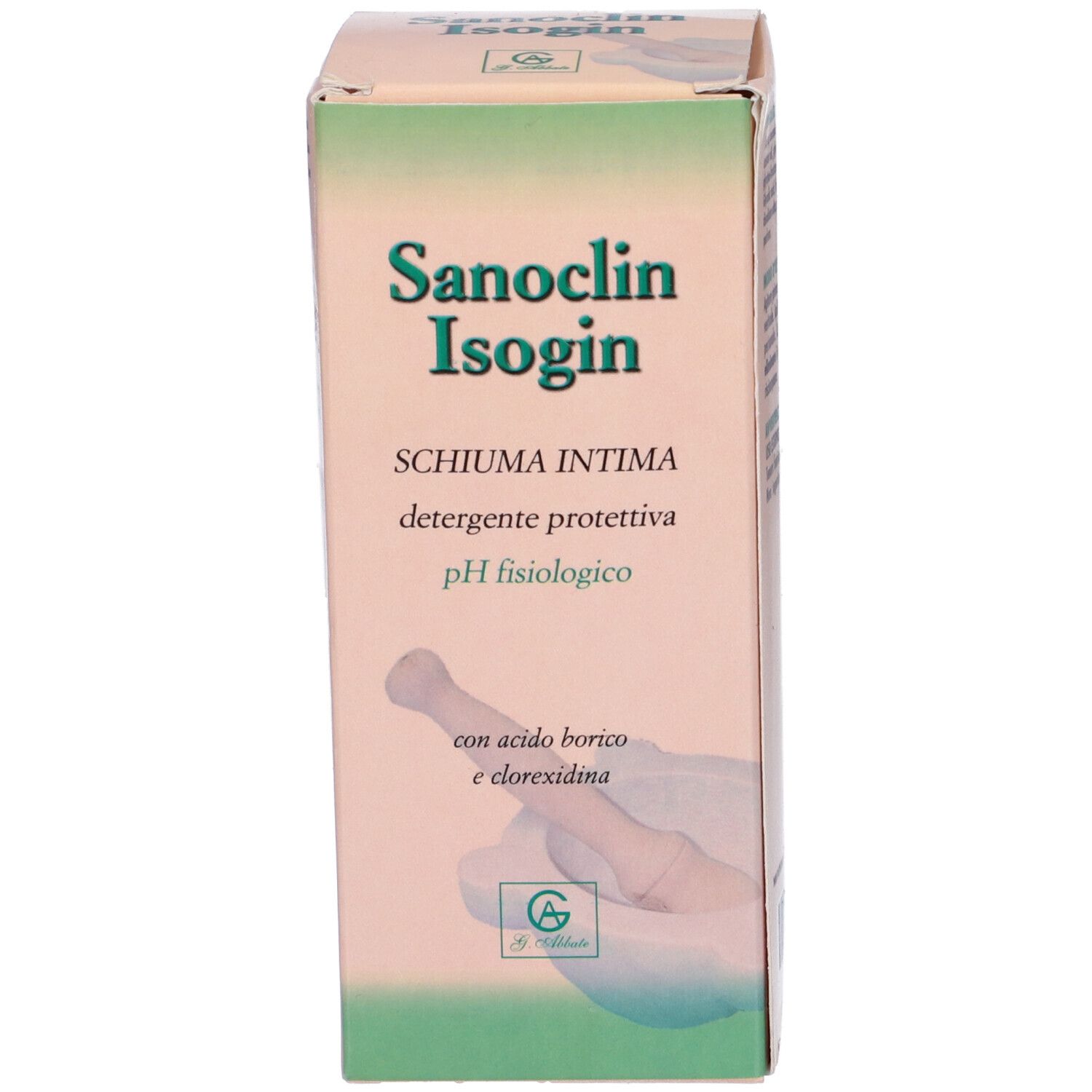 Confezione del prodotto. Scatola con scritta Sanoclin Isogin, Schiuma Intima, pH fisiologico.