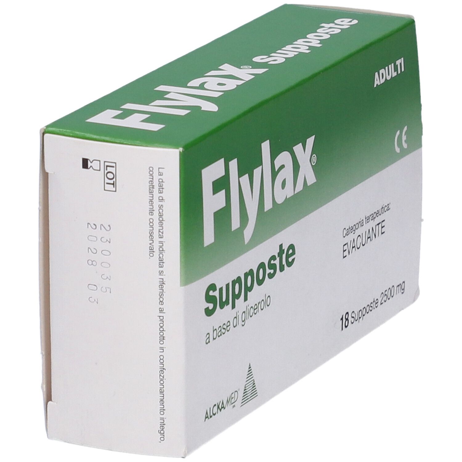 Scatola Flylax Supposte Adulti, lato superiore verde. Contiene 18 supposte. Marchio CE.