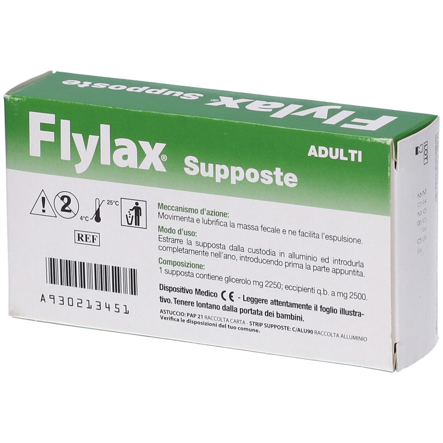 Scatola Flylax Supposte Adulti. Contiene 18 supposte. Istruzioni e avvertenze.