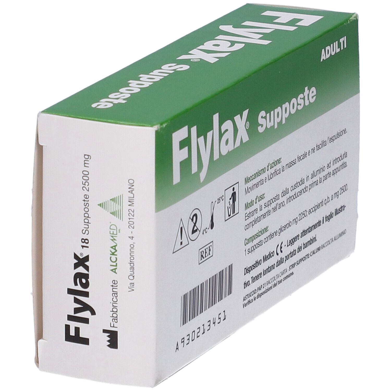 Scatola Flylax Supposte Adulti. Indirizzo del produttore. Contiene 18 supposte. Marchio CE.