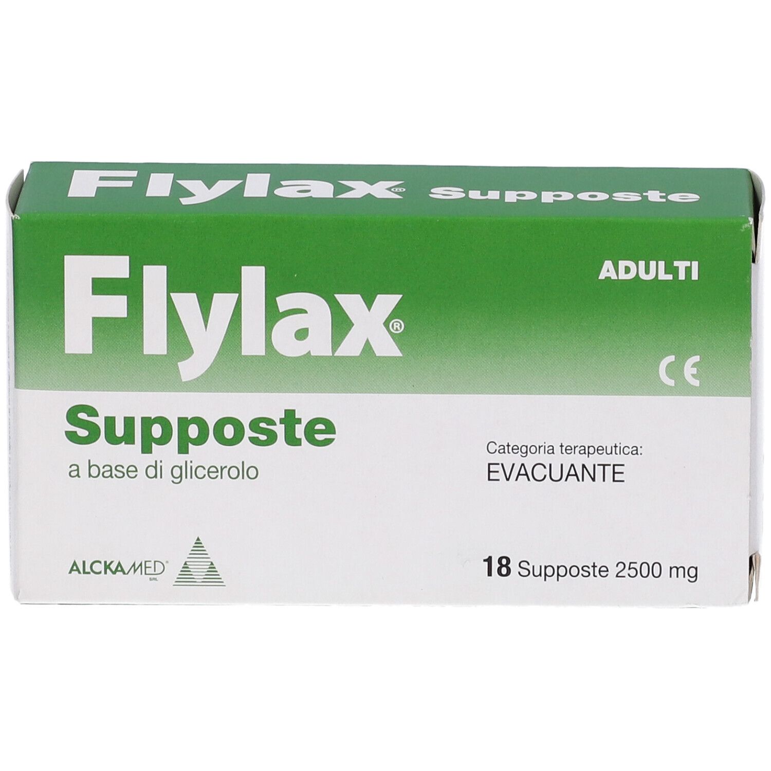 Scatola Flylax Supposte Adulti. Confezione verde e bianca. Contiene 18 supposte. CE.