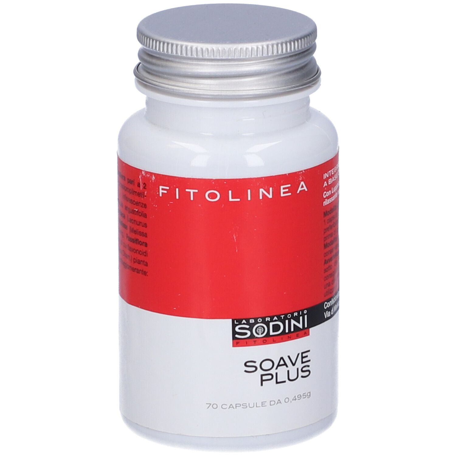 Flacone bianco con etichetta rossa. Scritta: FITOLINEA, SODINI, SOAVE PLUS, 70 capsule.