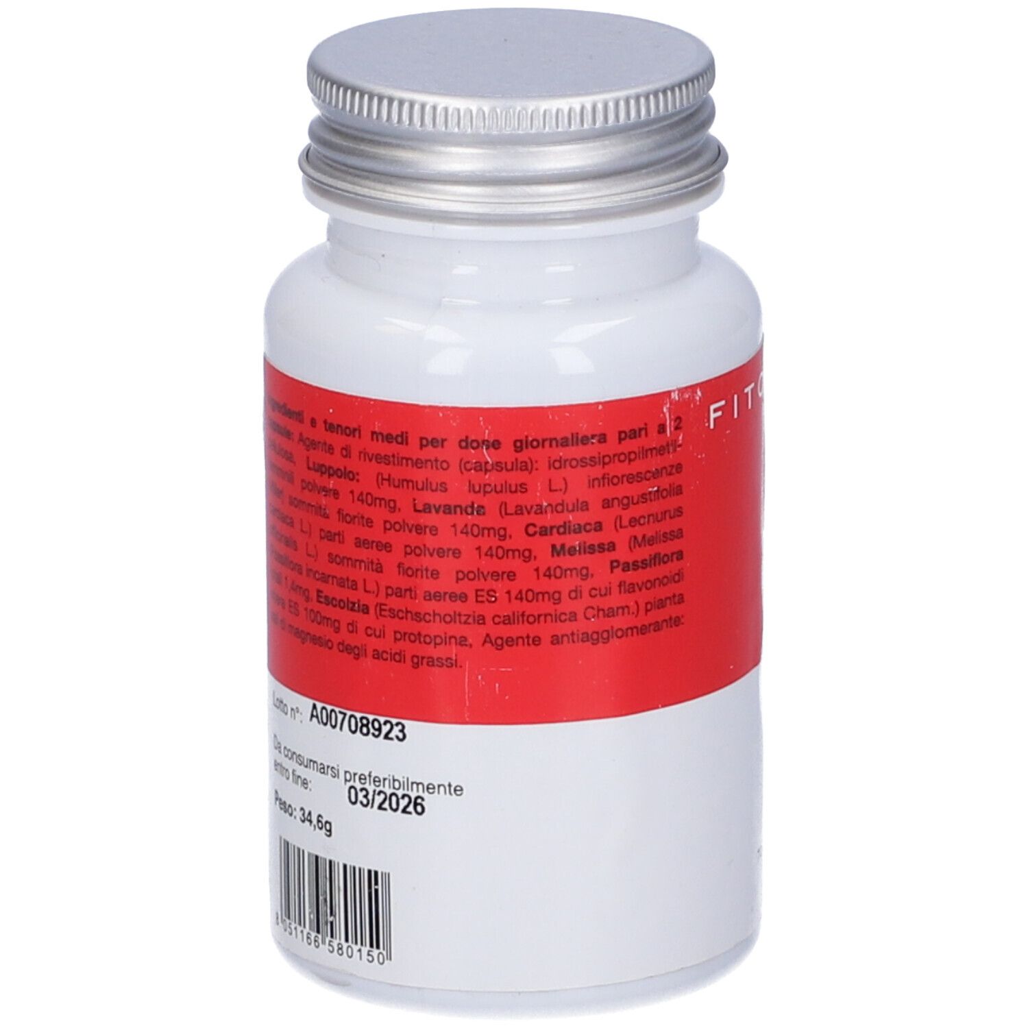 Retro del flacone bianco con etichetta rossa. Testo: ingredienti, scadenza, peso.