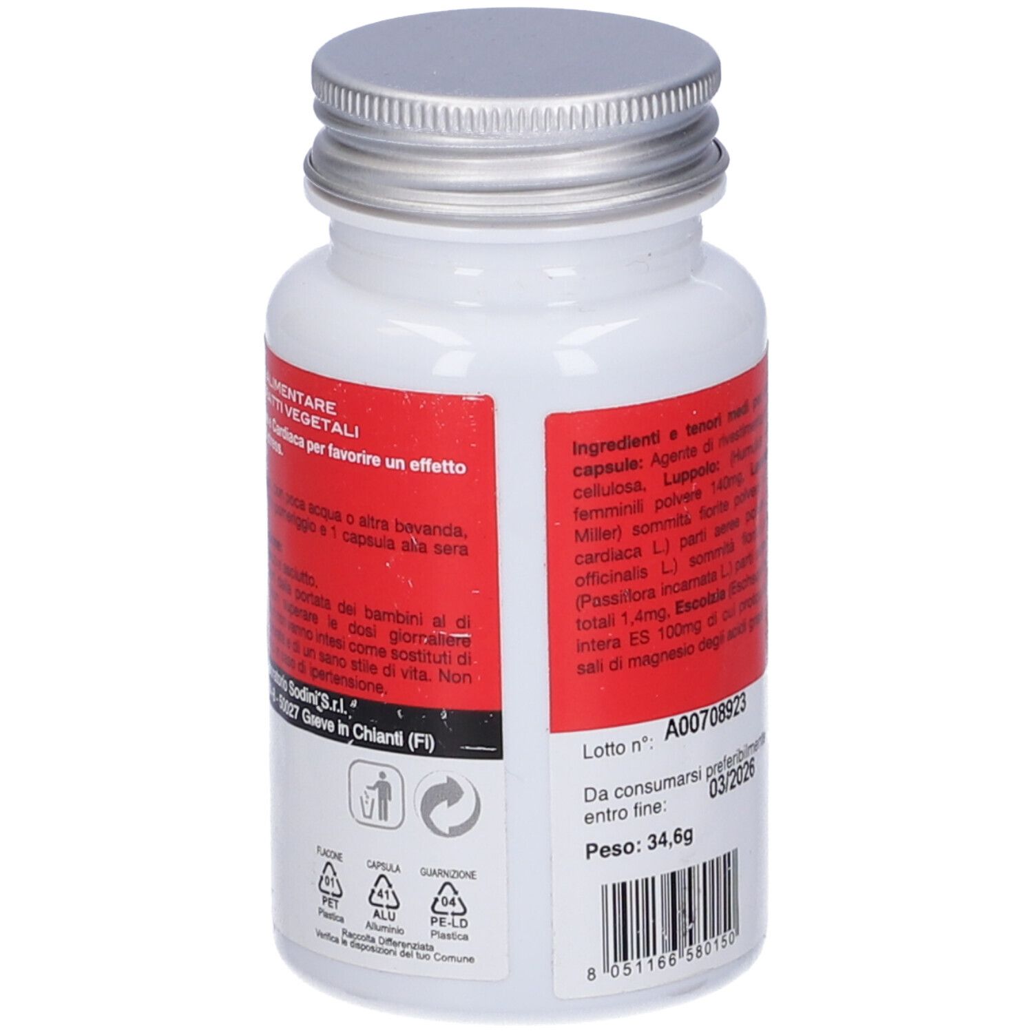 Retro del flacone bianco con etichetta rossa. Testo: istruzioni per l'uso, avvertenze, simboli di riciclaggio.