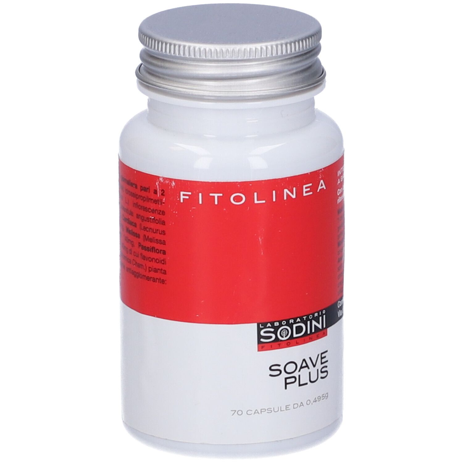 Flacone bianco con etichetta rossa. Scritta: FITOLINEA, SODINI, SOAVE PLUS, 70 capsule.