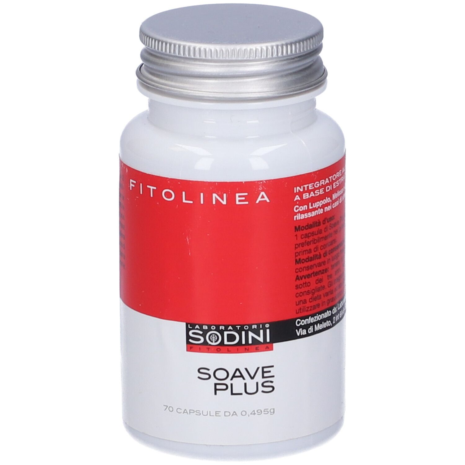 Flacone bianco con etichetta rossa. Scritta: FITOLINEA, SODINI, SOAVE PLUS, 70 capsule.