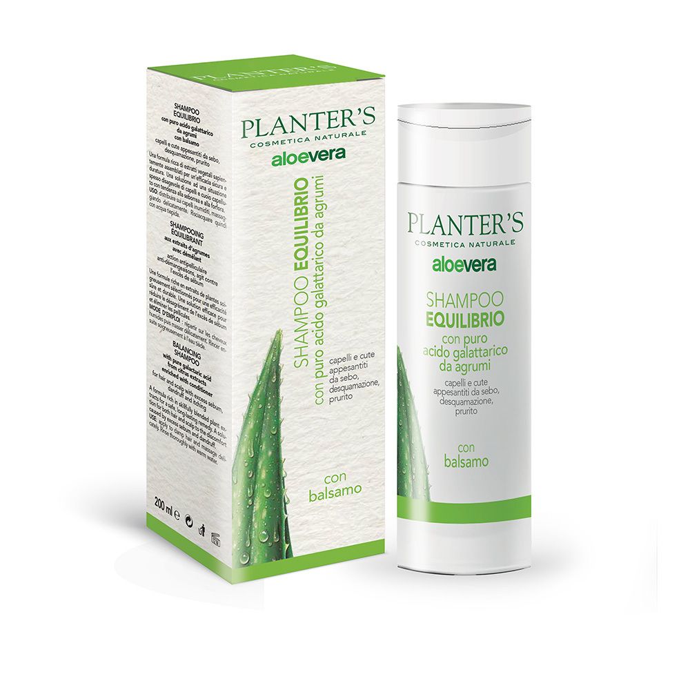 Flacone e confezione Planter's Shampoo Equilibrio. Bianco, verde. Testo, Aloe Vera. Con balsamo.