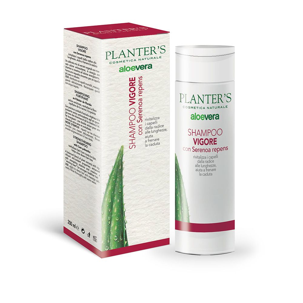 Confezione e flacone di shampoo. Confezione: rossa e bianca, testo: Planter'S, Shampoo Vigore. Flacone: bianco, rosso, verde.