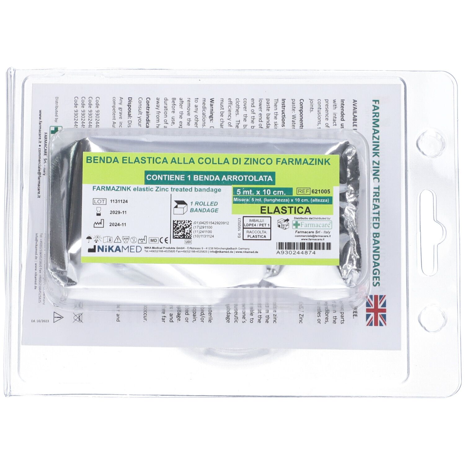 Confezione con benda elastica. Scritto: Farmazink, Benda Elastica alla colla di zinco. 5 m x 10 cm.