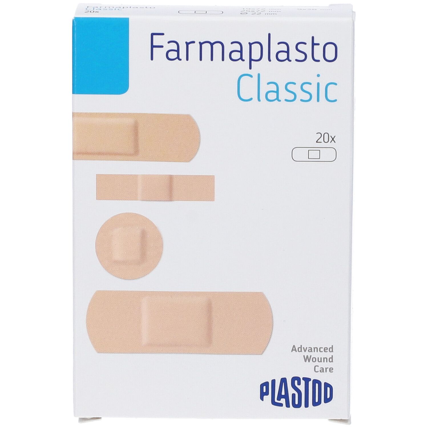 Confezione di cerotti Farmaplasto Classic, 20 pezzi. Diverse forme di cerotti sono raffigurate.