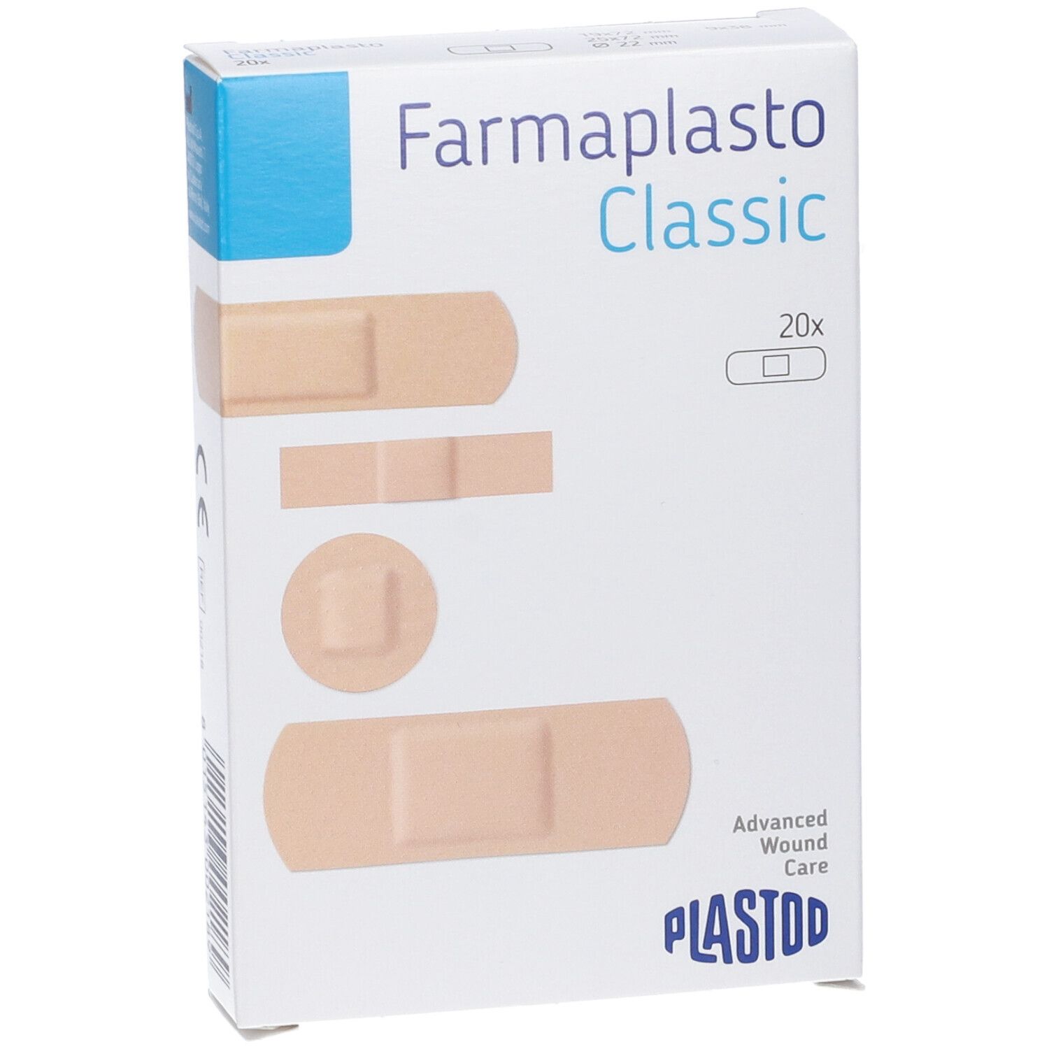 Confezione di cerotti Farmaplasto Classic, 20 pezzi. Diverse forme di cerotti sono raffigurate.