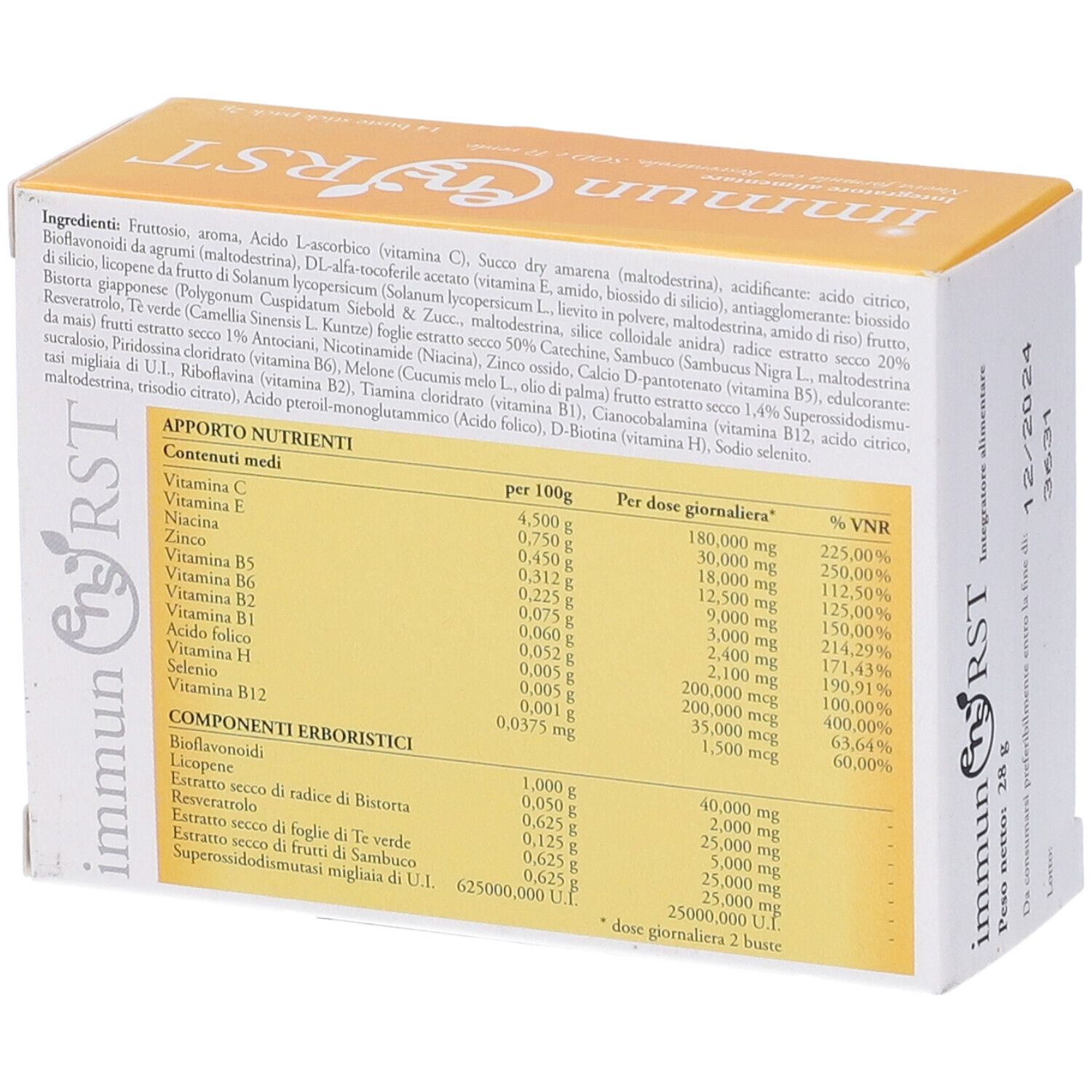 Scatola del prodotto, retro. Ingredienti e informazioni nutrizionali. Testo in italiano.