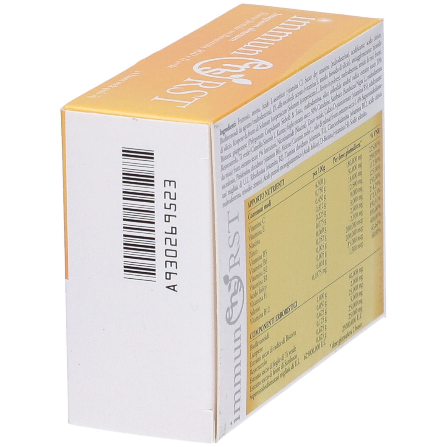 Scatola del prodotto, lato. Codice a barre e testo. Ingredienti e informazioni nutrizionali.