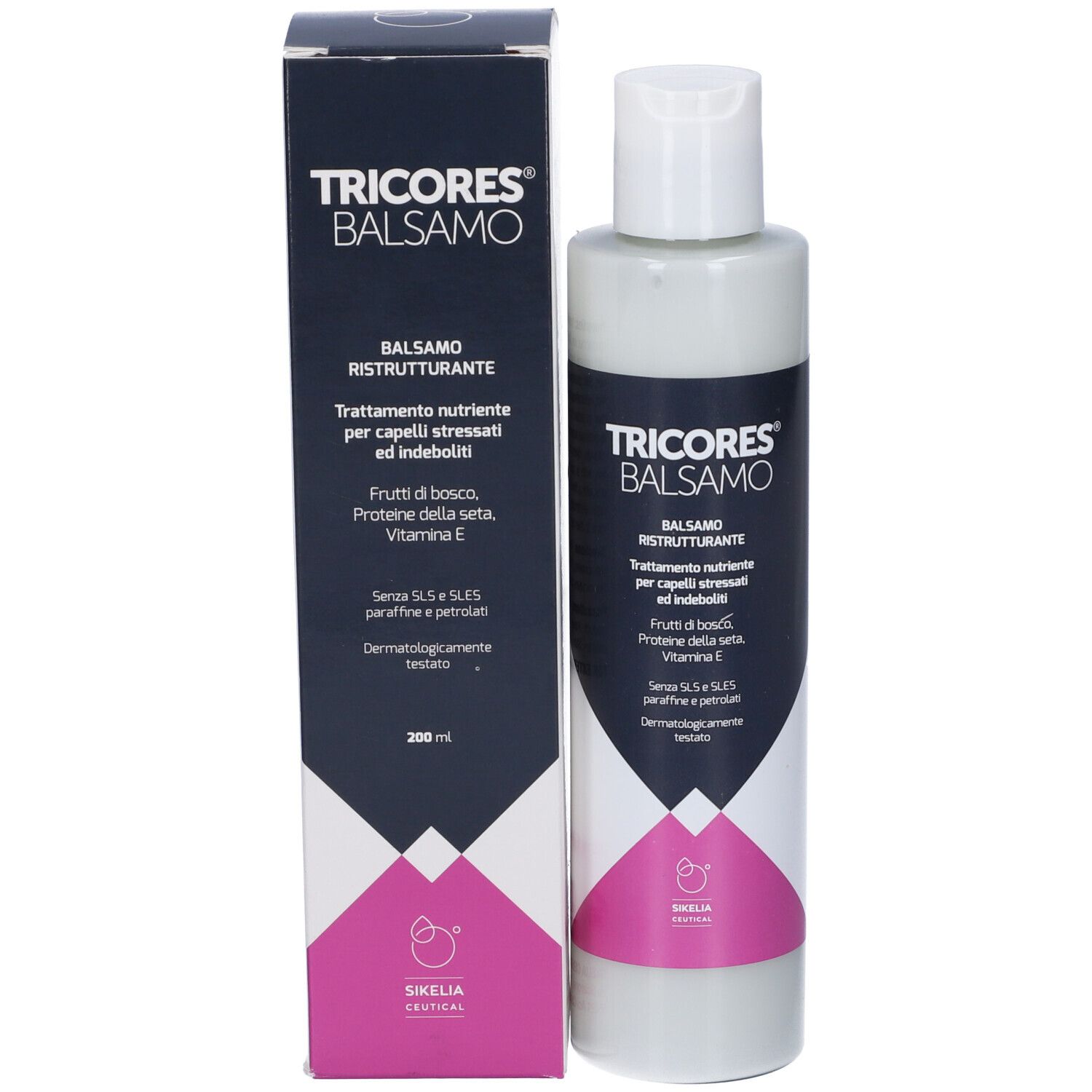 Confezione prodotto con flacone e scatola. Scritta Tricores Balsamo. Scatola nera con informazioni prodotto e accento rosa.