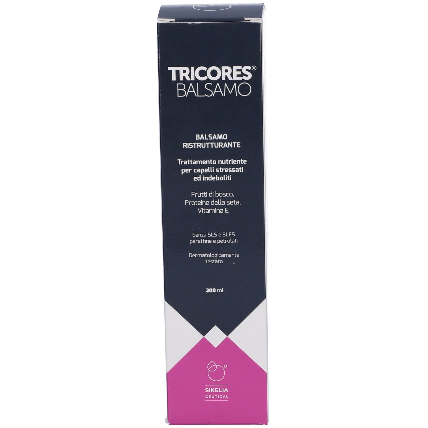 Scatola nera con informazioni prodotto. Scritta Tricores Balsamo. Accento rosa.