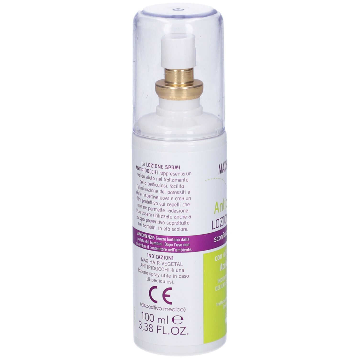 Flacone spray con erogatore. Scritta: MAXHAIR vegetal Antipidocchi LOZIONE SPRAY. Con oli essenziali e aceto di mele. 100 ml.