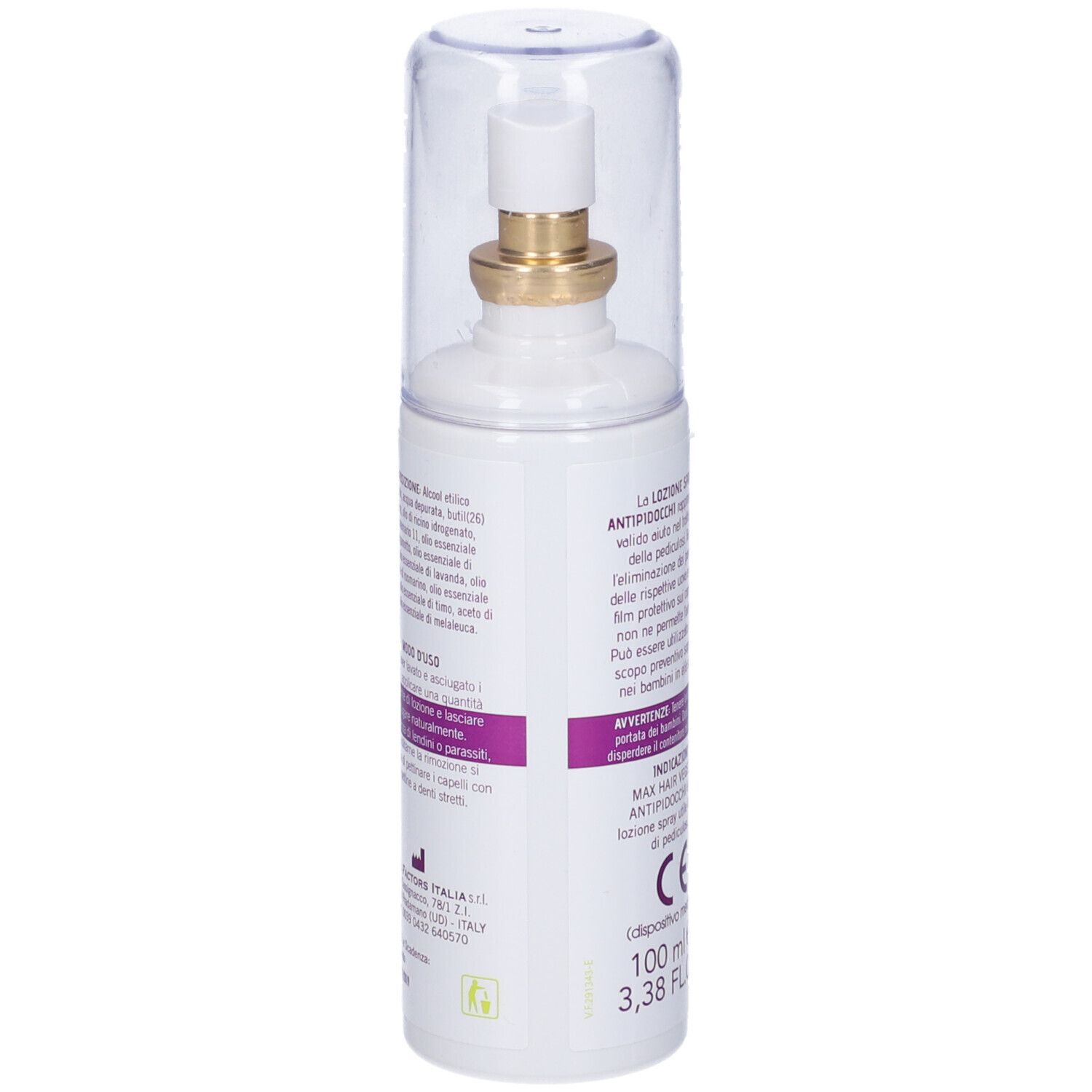 Flacone spray con erogatore. Scritta: MAXHAIR vegetal Antipidocchi LOZIONE SPRAY. Con oli essenziali e aceto di mele. 100 ml.