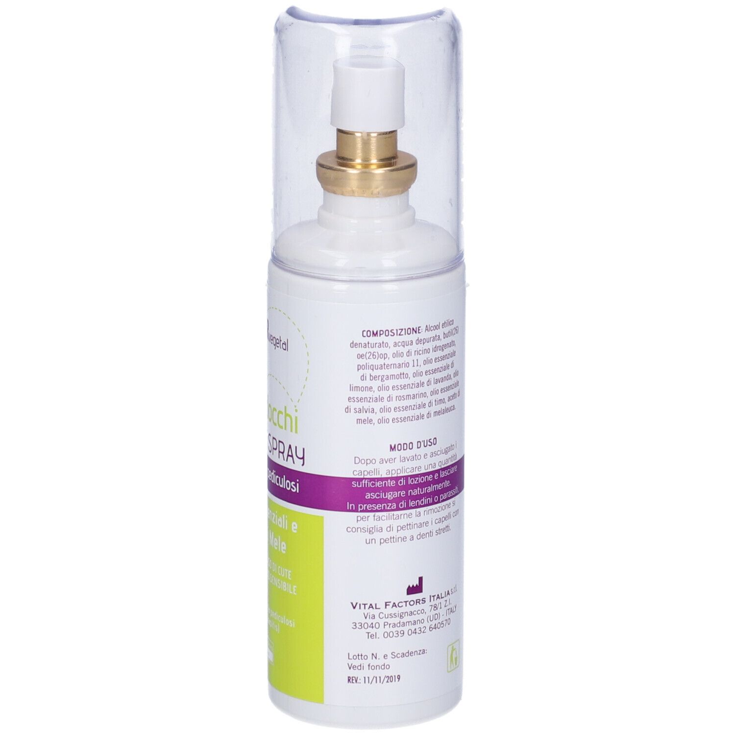 Flacone spray con erogatore. Scritta: MAXHAIR vegetal Antipidocchi LOZIONE SPRAY. Con oli essenziali e aceto di mele. 100 ml.