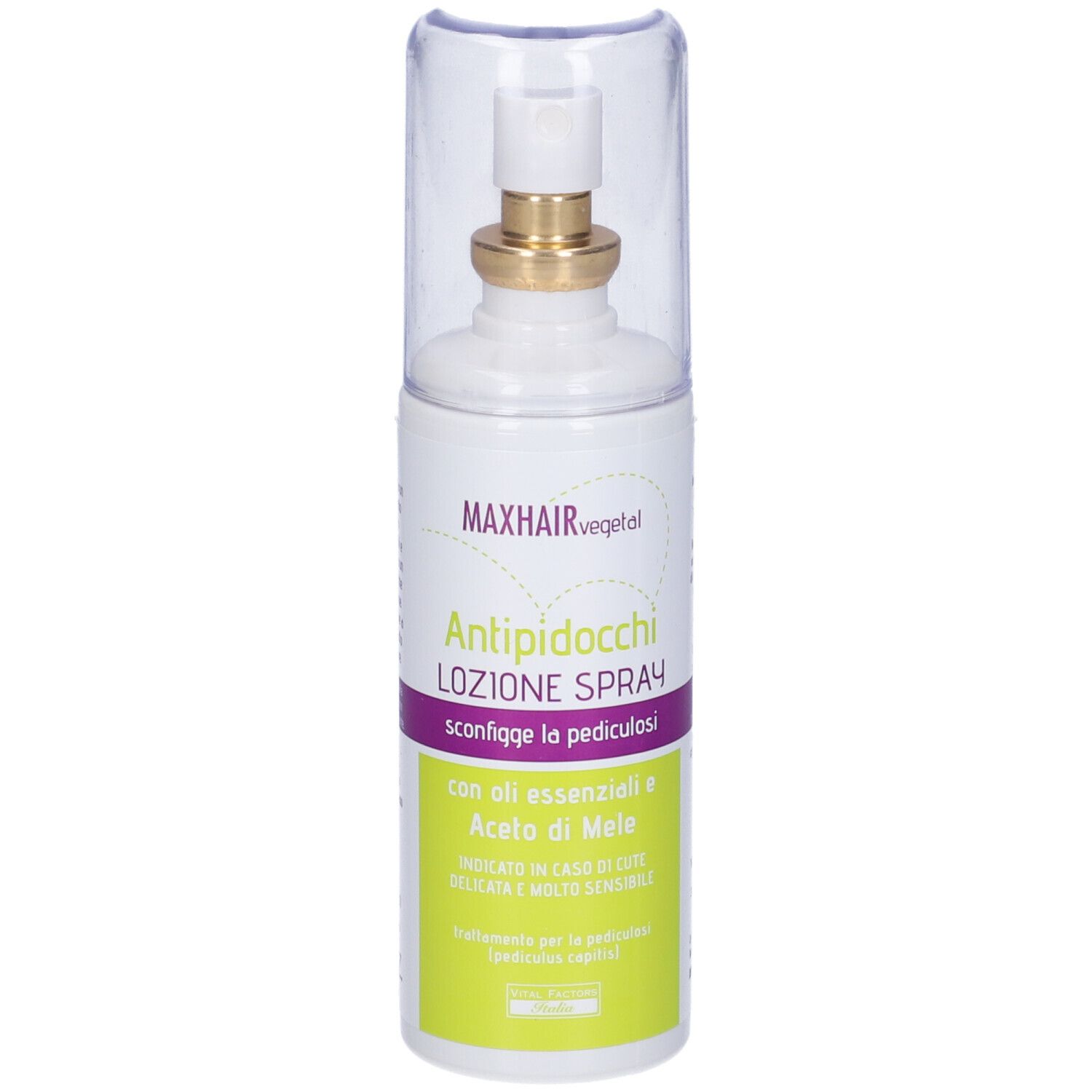 Flacone spray con erogatore. Scritta: MAXHAIR vegetal Antipidocchi LOZIONE SPRAY. Con oli essenziali e aceto di mele. 100 ml.