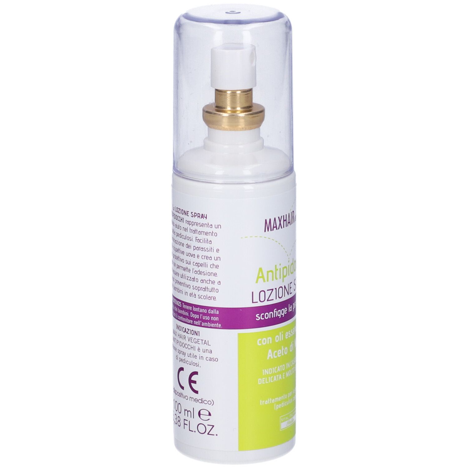 Flacone spray con erogatore. Scritta: MAXHAIR vegetal Antipidocchi LOZIONE SPRAY. Con oli essenziali e aceto di mele. 100 ml.
