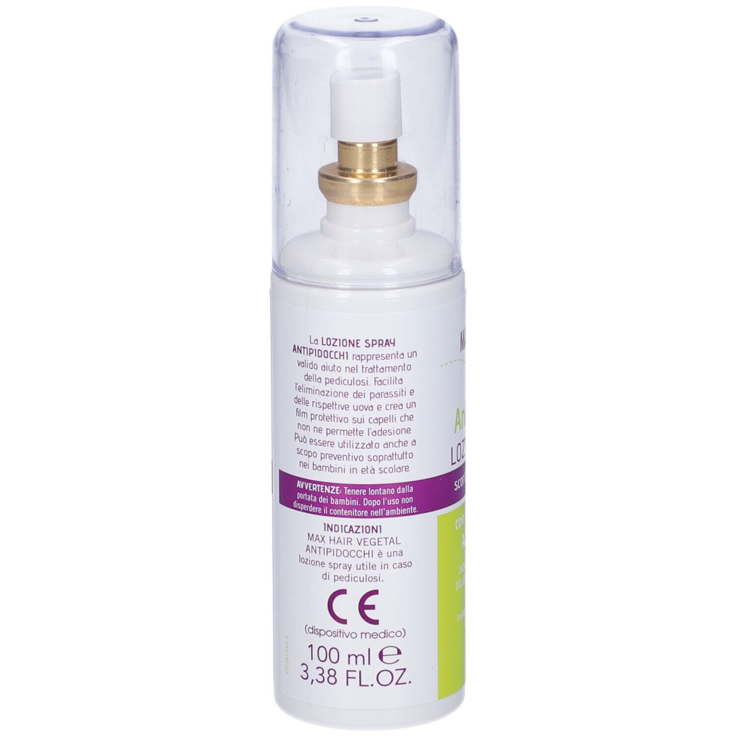 Flacone spray con erogatore. Scritta: MAXHAIR vegetal Antipidocchi LOZIONE SPRAY. Con oli essenziali e aceto di mele. 100 ml.