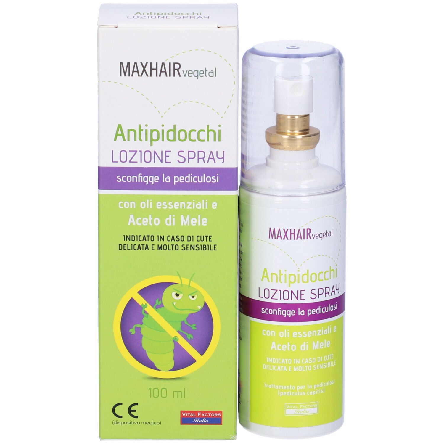 Scatola e flacone spray. Scritta: MAXHAIR vegetal Antipidocchi LOZIONE SPRAY. Con oli essenziali e aceto di mele. 100 ml.