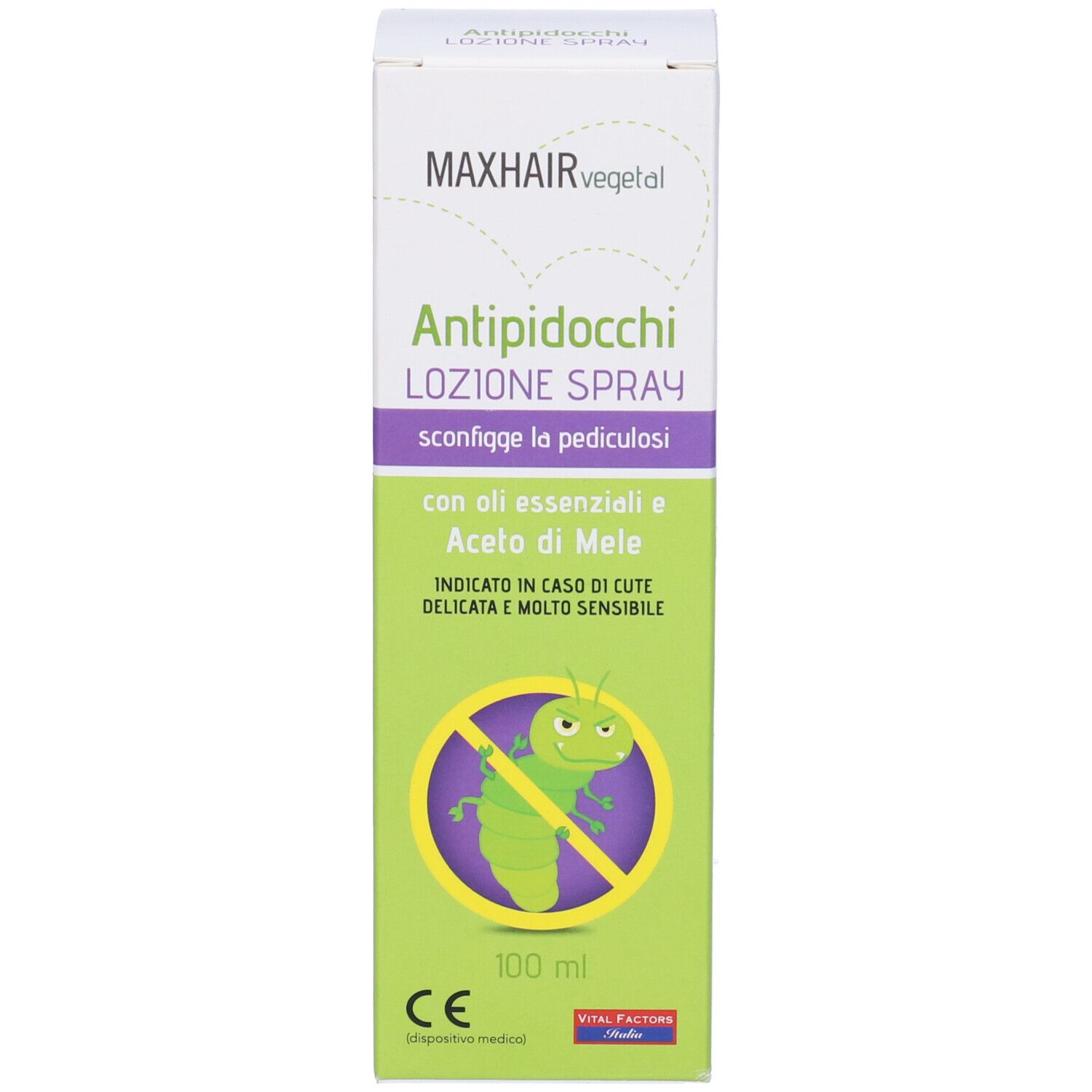 Scatola. Scritta: MAXHAIR vegetal Antipidocchi LOZIONE SPRAY. Con oli essenziali e aceto di mele. 100 ml.