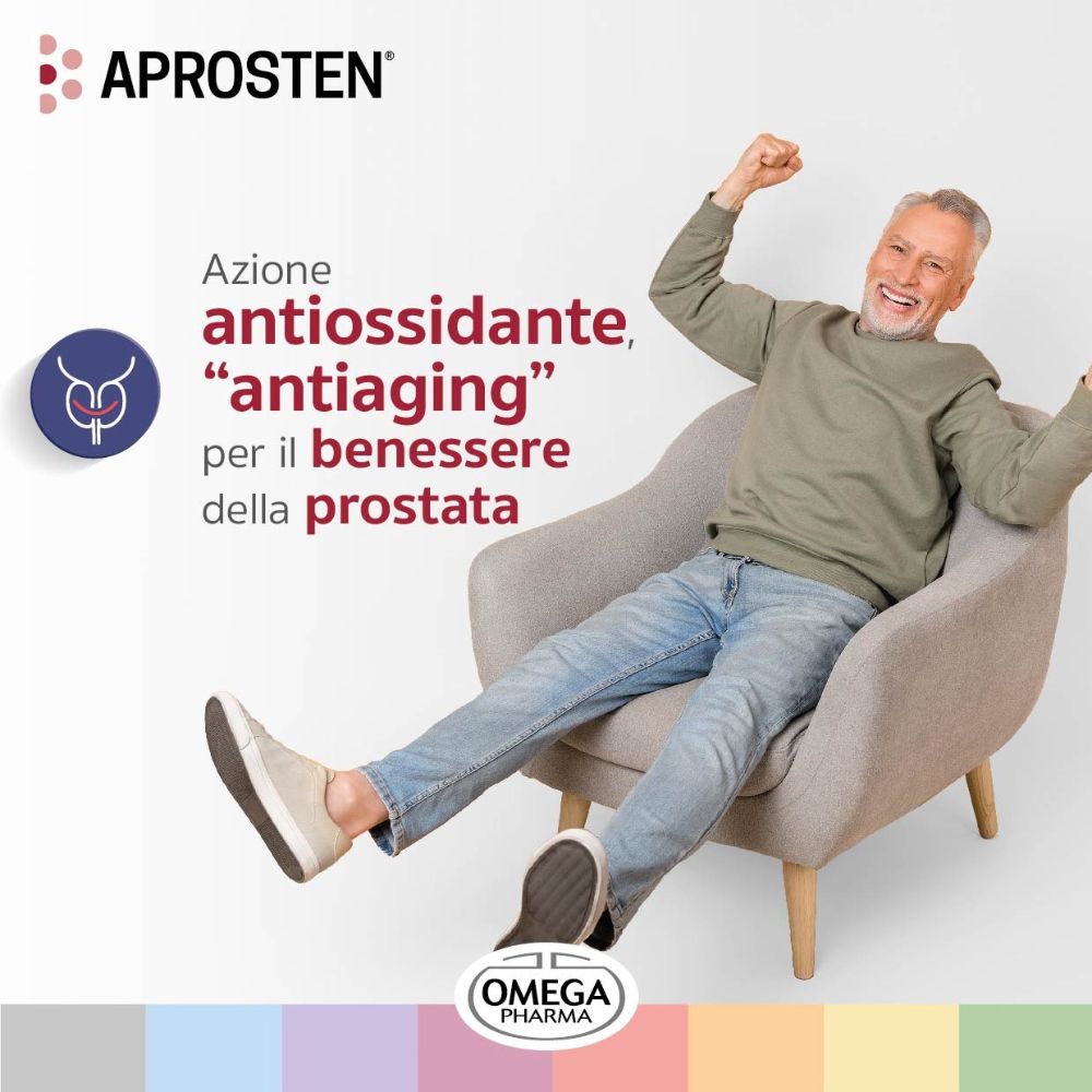 Uomo anziano seduto in poltrona. Testo: Azione antiossidante, antiaging per il benessere della prostata. Logo Omega Pharma.