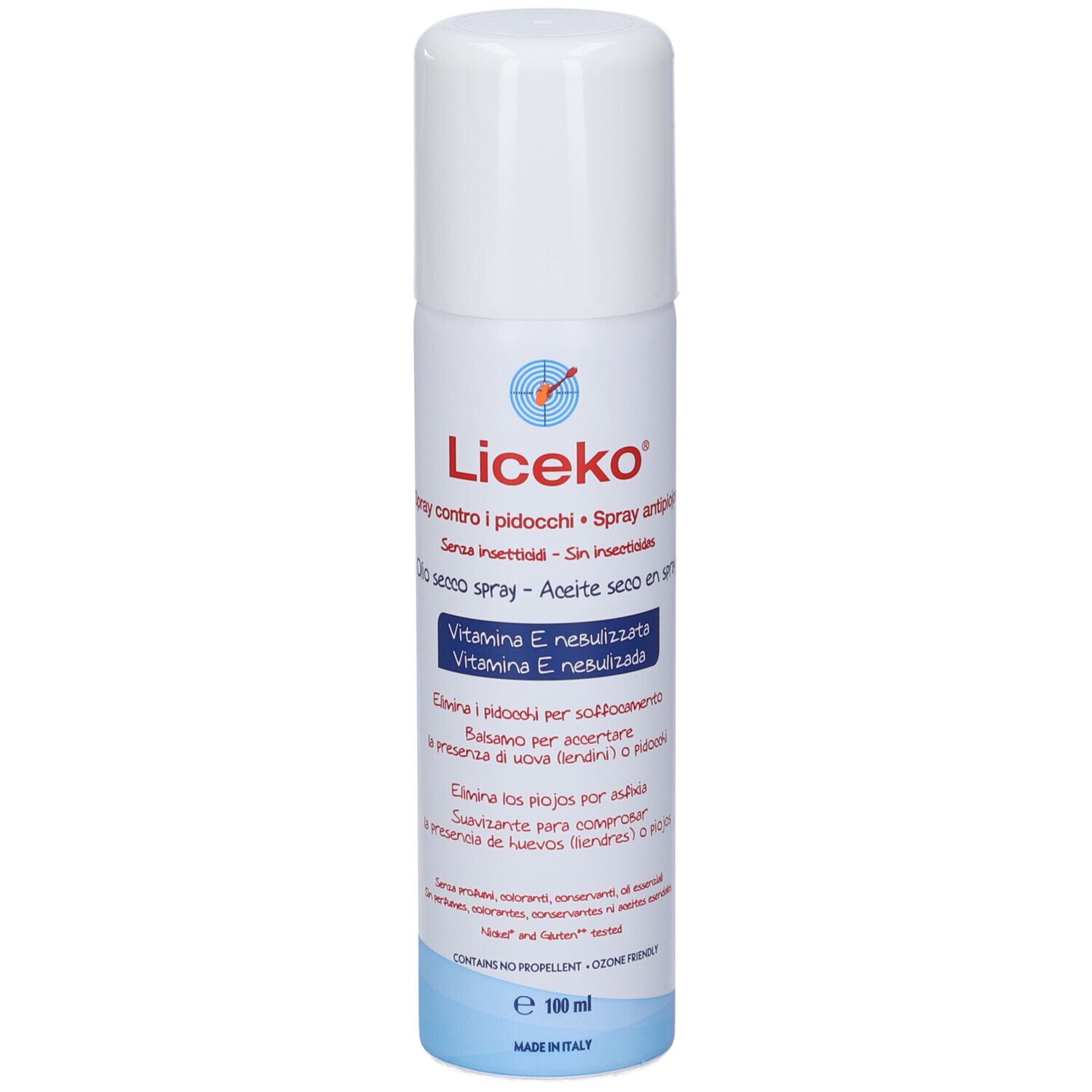 Flacone spray bianco e blu. Scritta: Liceko. Testo in italiano e spagnolo. Contiene vitamina E. Spray olio secco.