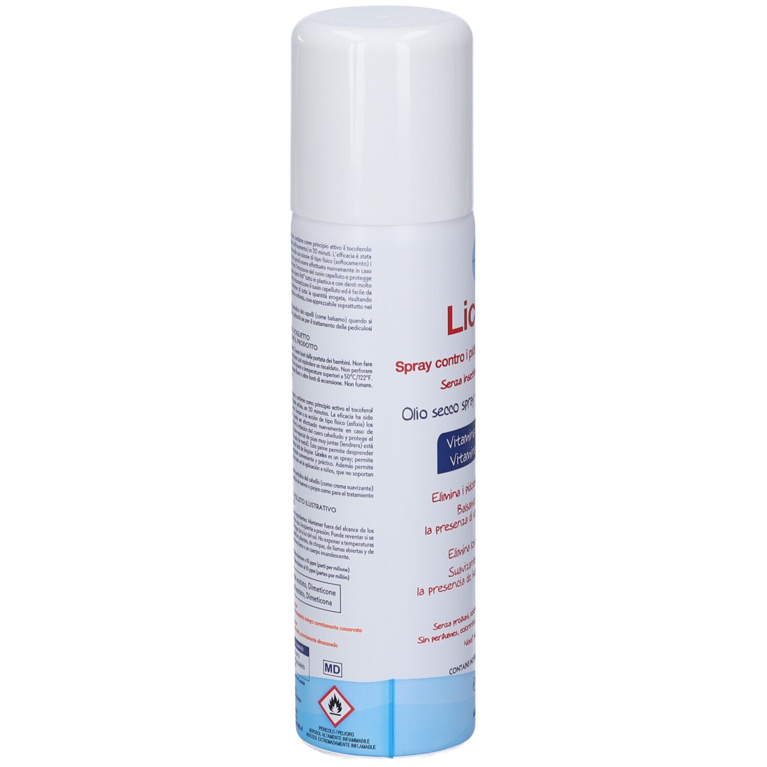 Retro del flacone spray. Testo in italiano. Contiene informazioni sul prodotto. Tappo bianco, base blu.