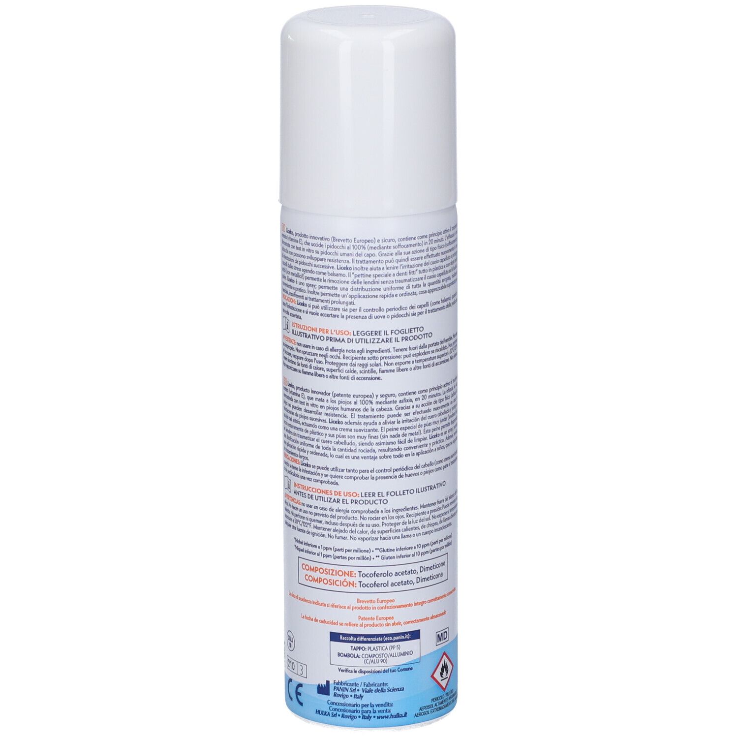 Retro del flacone spray. Testo in italiano. Contiene informazioni sul prodotto. Tappo bianco, base blu.
