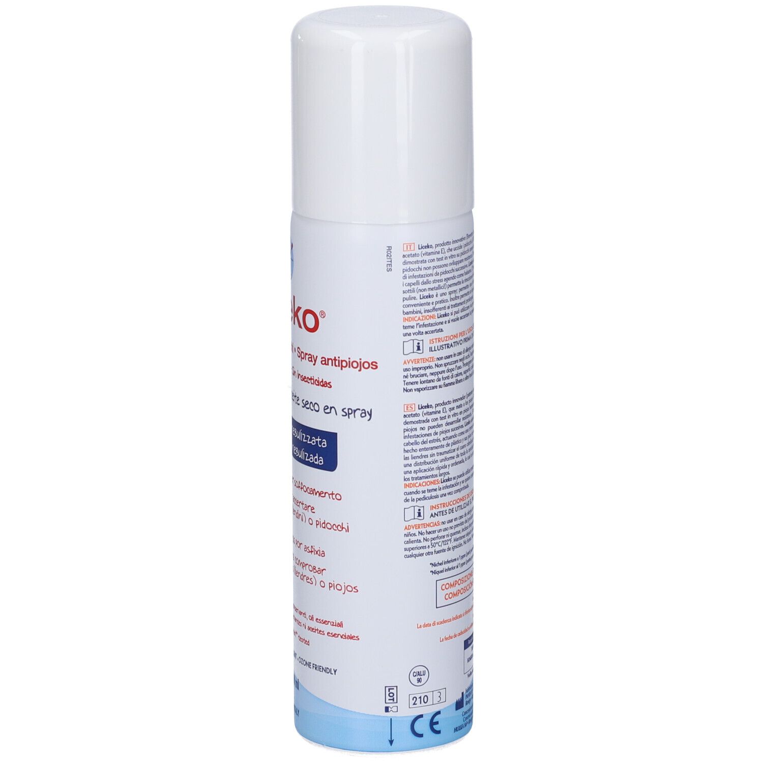 Retro del flacone spray. Testo in italiano. Contiene informazioni sul prodotto. Tappo bianco, base blu.