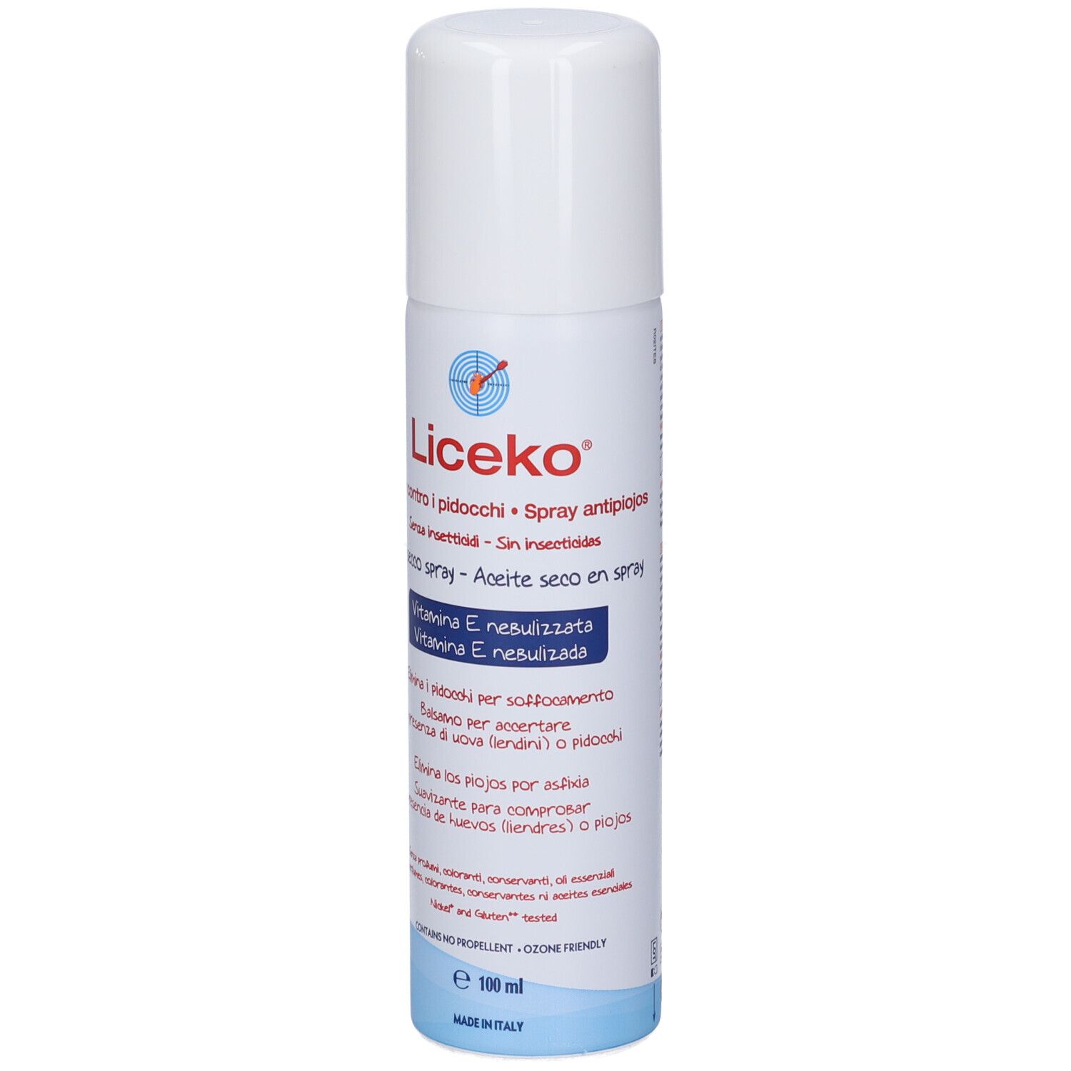 Flacone spray bianco-blu con informazioni sul prodotto. Scritta: Liceko, spray contro i pidocchi, vitamina E. Olio secco spray.