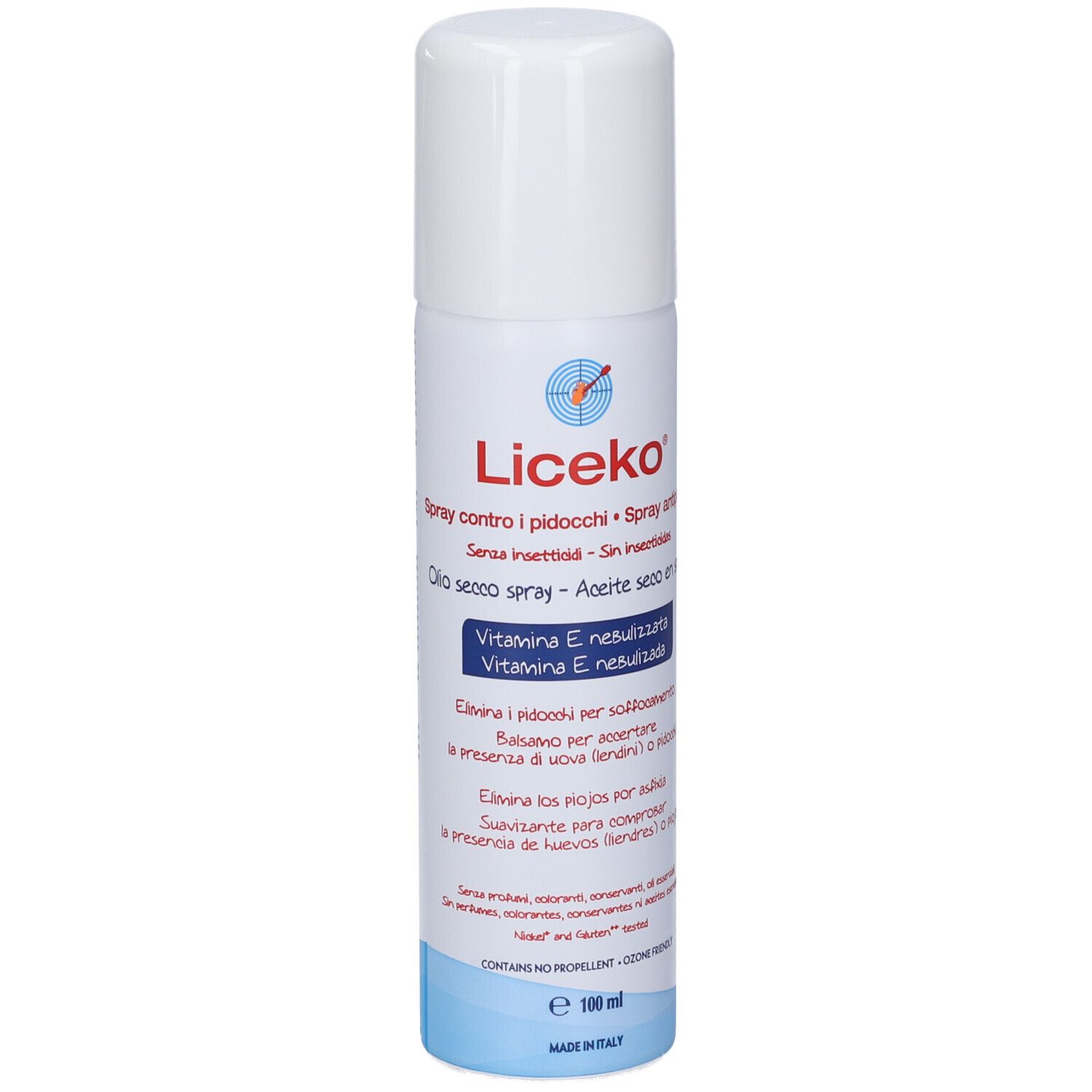Flacone spray bianco-blu con informazioni sul prodotto. Scritta: Liceko, spray contro i pidocchi, vitamina E. Olio secco spray.