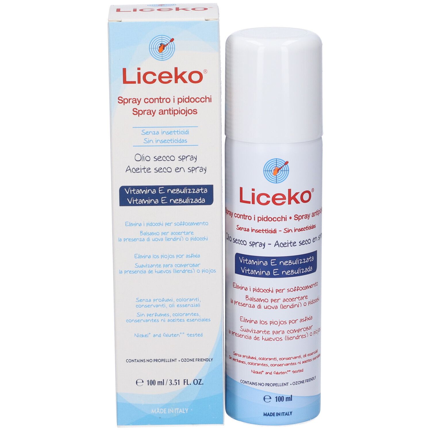 Prodotto e confezione. Flacone spray bianco e scatola. Scritta: Liceko, spray contro i pidocchi. Olio secco spray.
