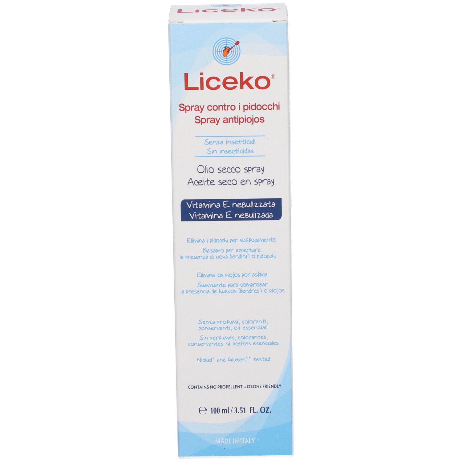 Confezione in cartone. Scritta: Liceko. Testo in italiano e spagnolo. Contiene vitamina E. Spray olio secco. Blu e bianco.