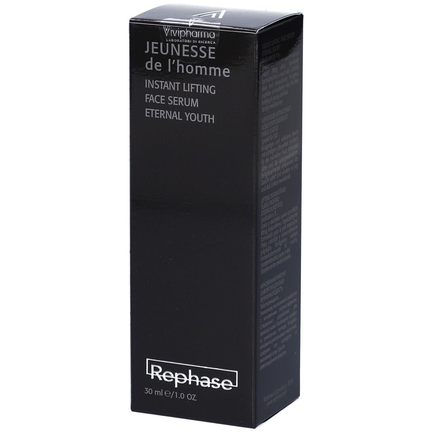 Confezione nera con testo: JEUNESSE de l'homme, INSTANT LIFTING FACE SERUM, ETERNAL YOUTH. Marchio: Vivipharma. 30 ml/1.0 oz.