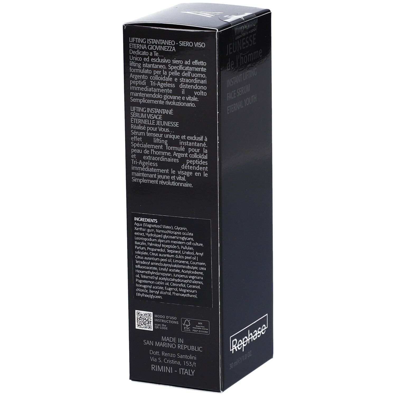 Confezione nera con testo multilingue. Marchio: Rephase. Retro con ingredienti e informazioni del produttore.