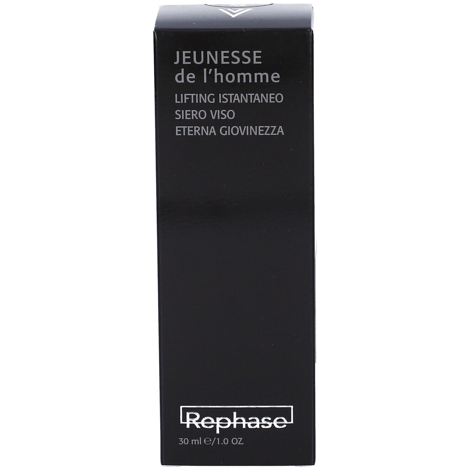 Confezione nera con testo: JEUNESSE de l'homme, LIFTING ISTANTANEO, SIERO VISO, ETERNA GIOVINEZZA. Marchio: Rephase. 30 ml/1.0 oz.