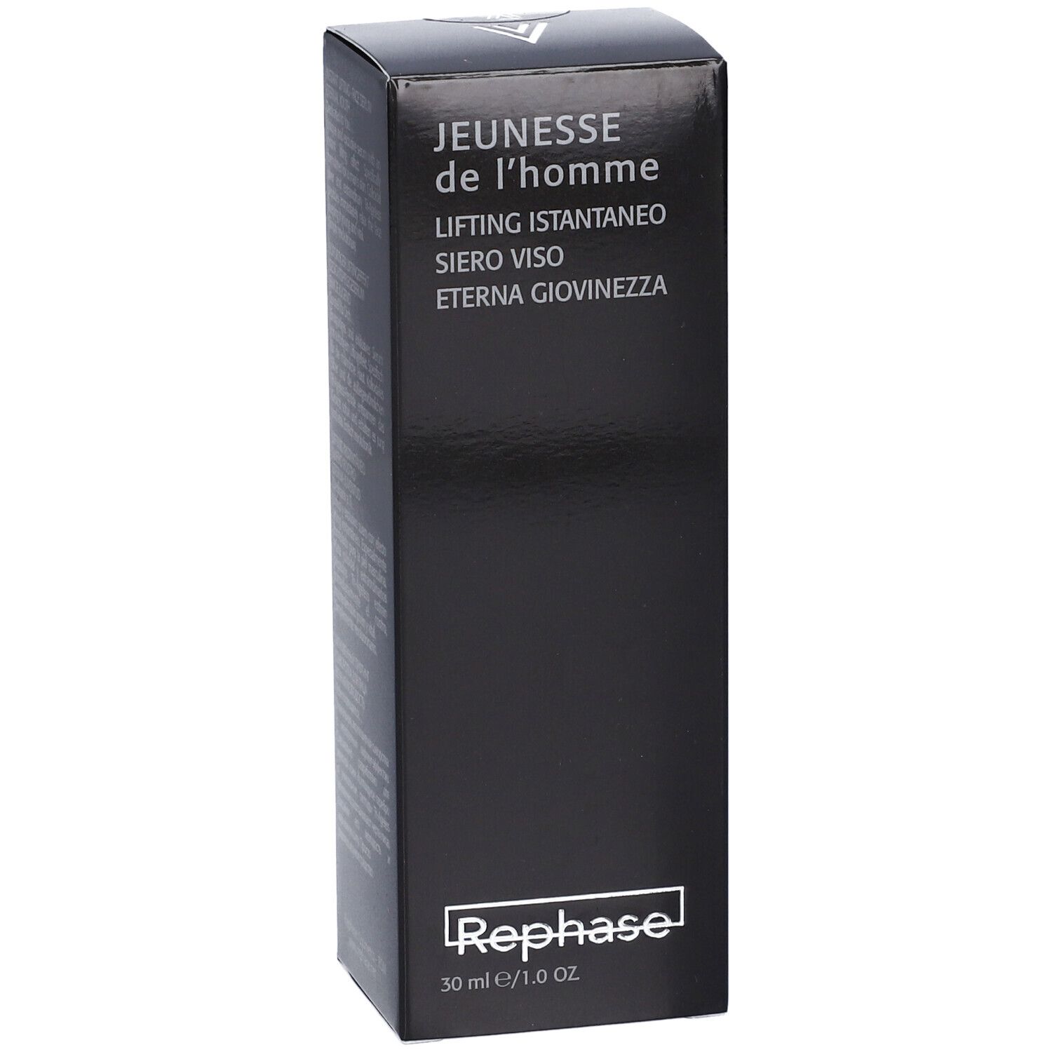 Confezione nera con testo: JEUNESSE de l'homme, LIFTING ISTANTANEO, SIERO VISO, ETERNA GIOVINEZZA. Marchio: Rephase. 30 ml/1.0 oz.